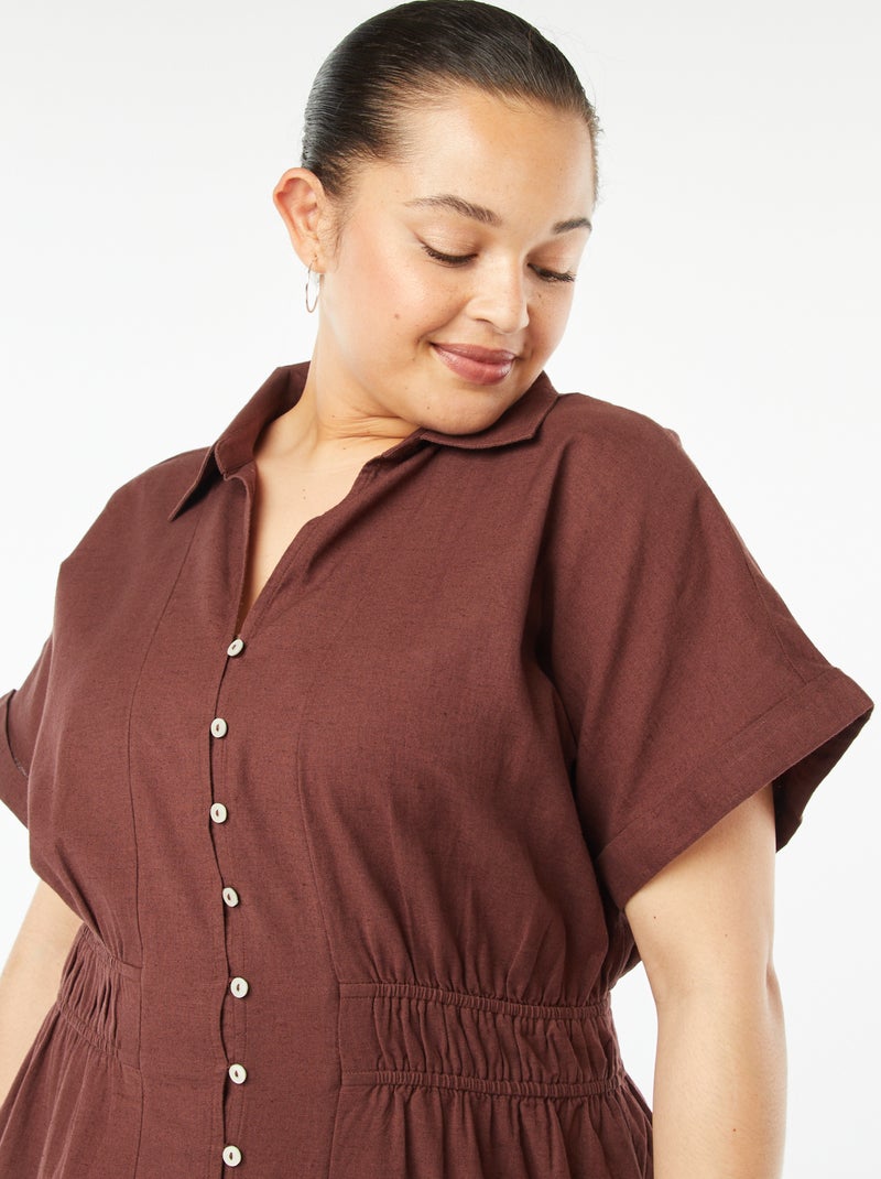 Vestido midi de manga corta con cuello camisero Marron - Kiabi