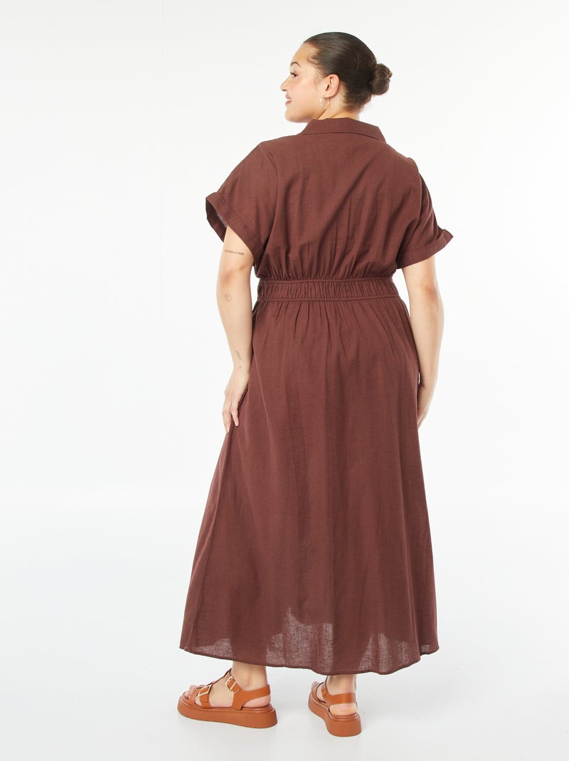 Vestido midi de manga corta con cuello camisero Marron - Kiabi