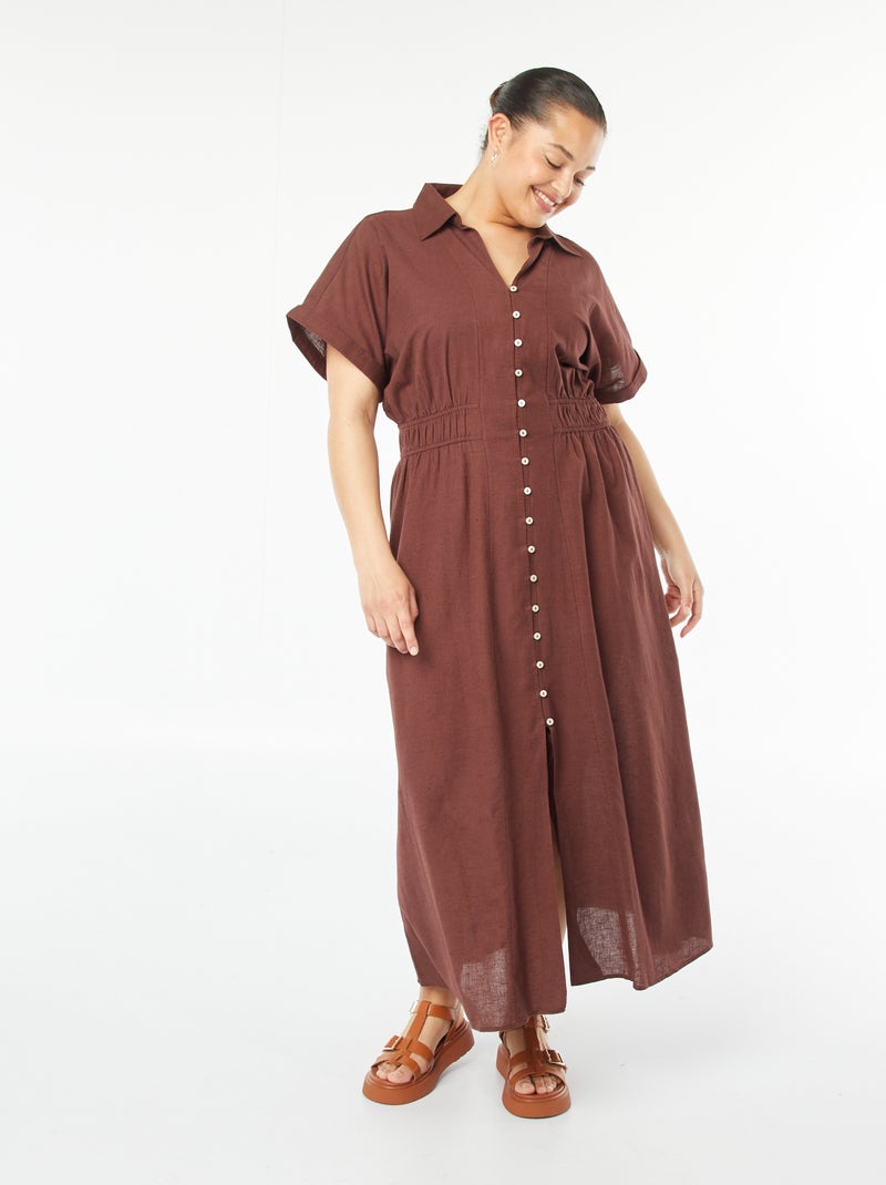 Vestido midi de manga corta con cuello camisero Marron - Kiabi