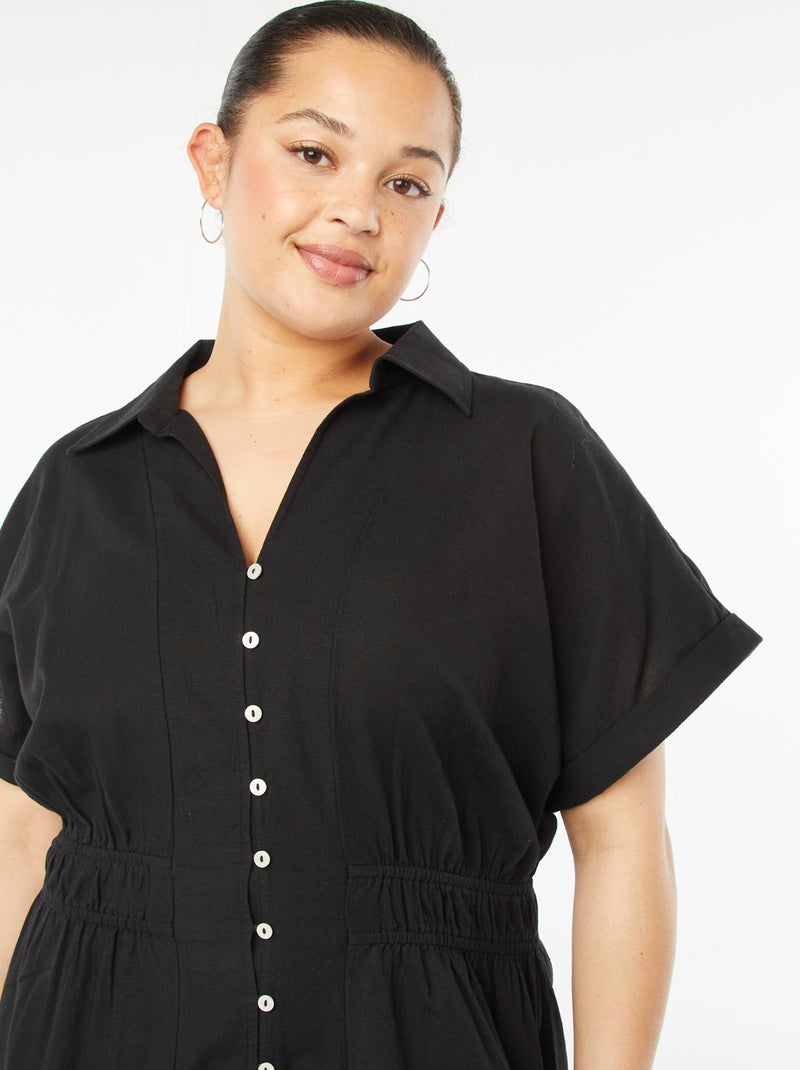 Vestido midi de manga corta con cuello camisero negro - Kiabi