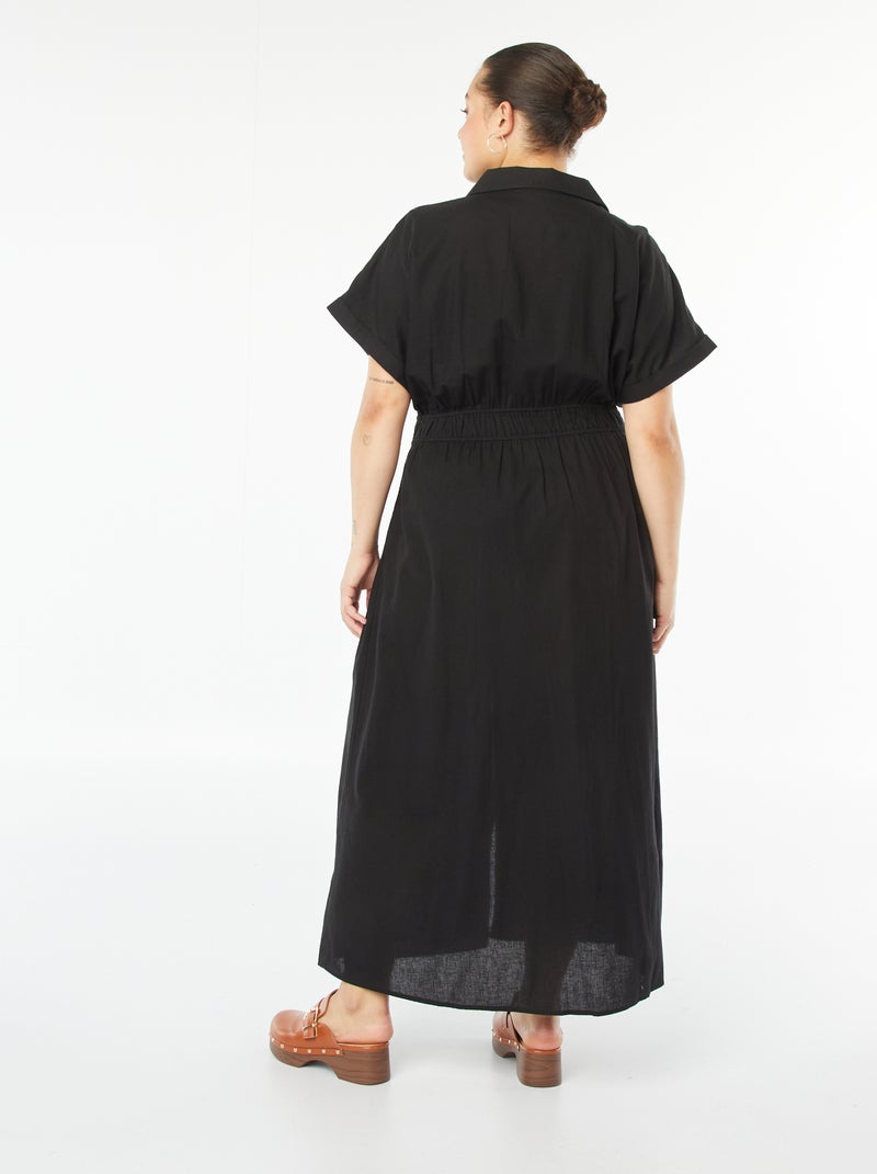 Vestido midi de manga corta con cuello camisero negro - Kiabi