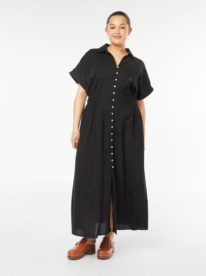 Vestido midi de manga corta con cuello camisero negro - Kiabi