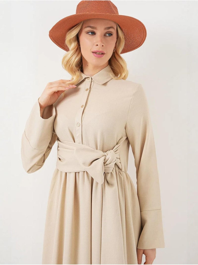 Vestido midi de manga larga con cuello camisero y cierre de botones en forma de a bdart Beige arcilla - Kiabi