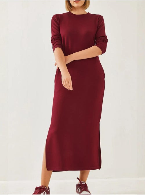 Vestido midi de manga larga con cuello redondo y abertura de lucci - Kiabi