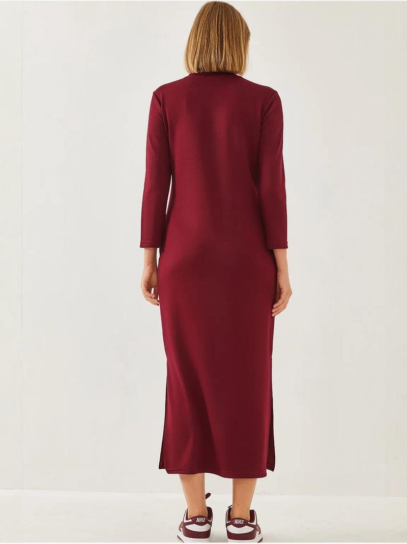 Vestido midi de manga larga con cuello redondo y abertura de lucci Rojo burdeos - Kiabi