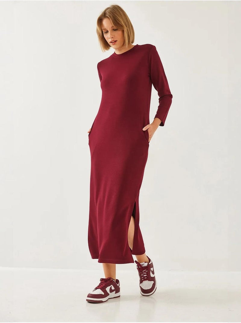 Vestido midi de manga larga con cuello redondo y abertura de lucci Rojo burdeos - Kiabi