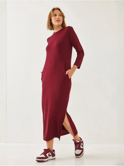 Vestido midi de manga larga con cuello redondo y abertura de lucci - Kiabi
