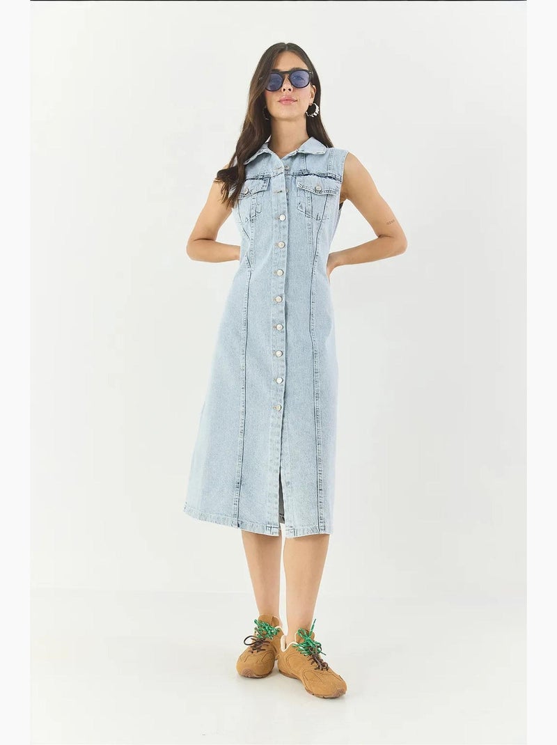 Vestido midi de mezclilla ajustado con cierre de botones lucci Azul claro - Kiabi