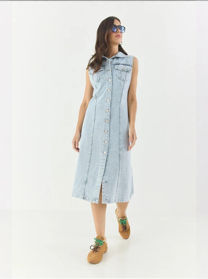 Vestido midi de mezclilla ajustado con cierre de botones lucci Azul claro - Kiabi