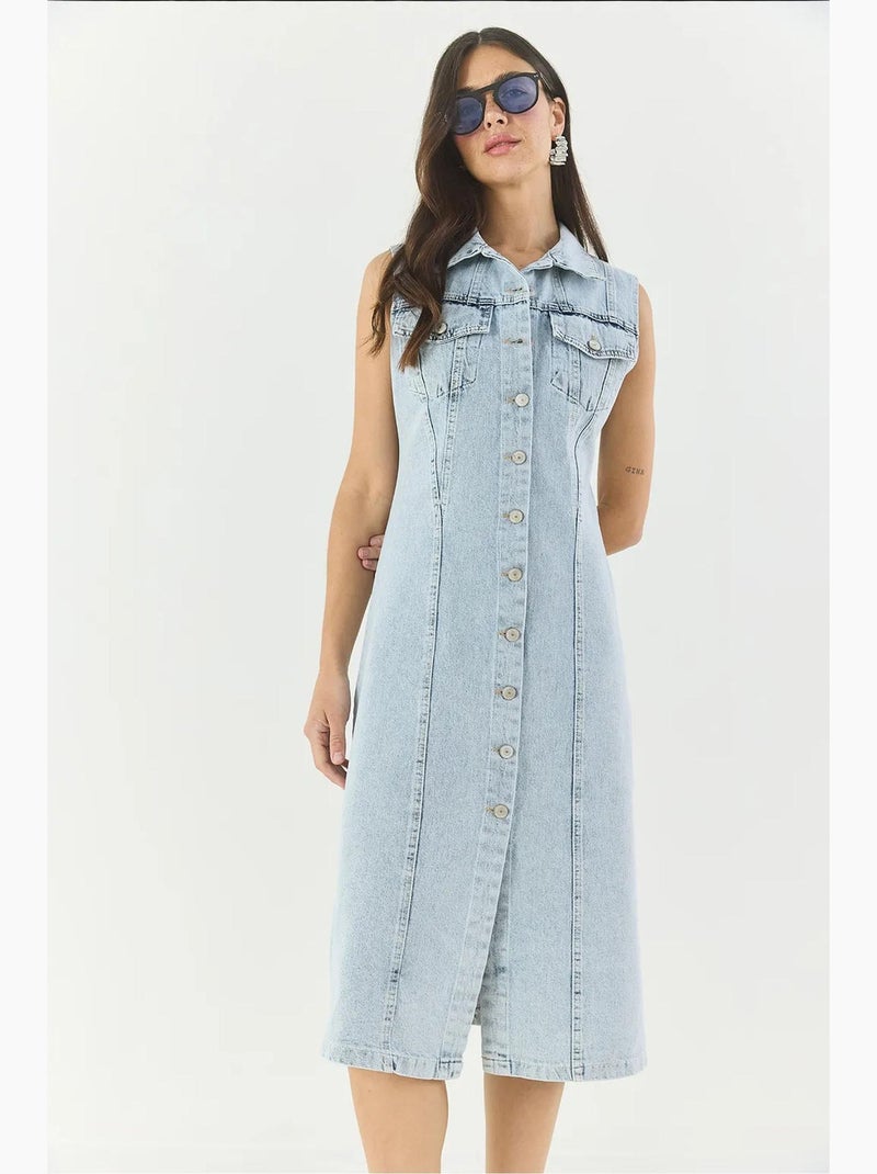 Vestido midi de mezclilla ajustado con cierre de botones lucci Azul claro - Kiabi