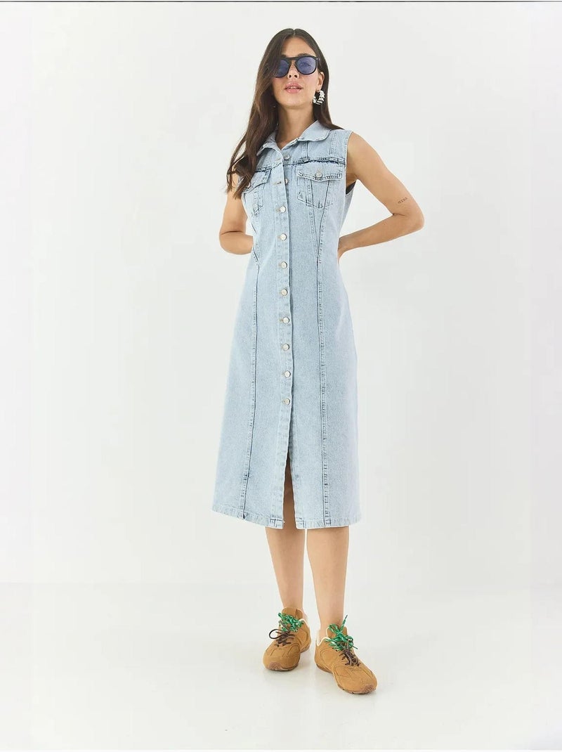 Vestido midi de mezclilla ajustado con cierre de botones lucci Azul claro - Kiabi