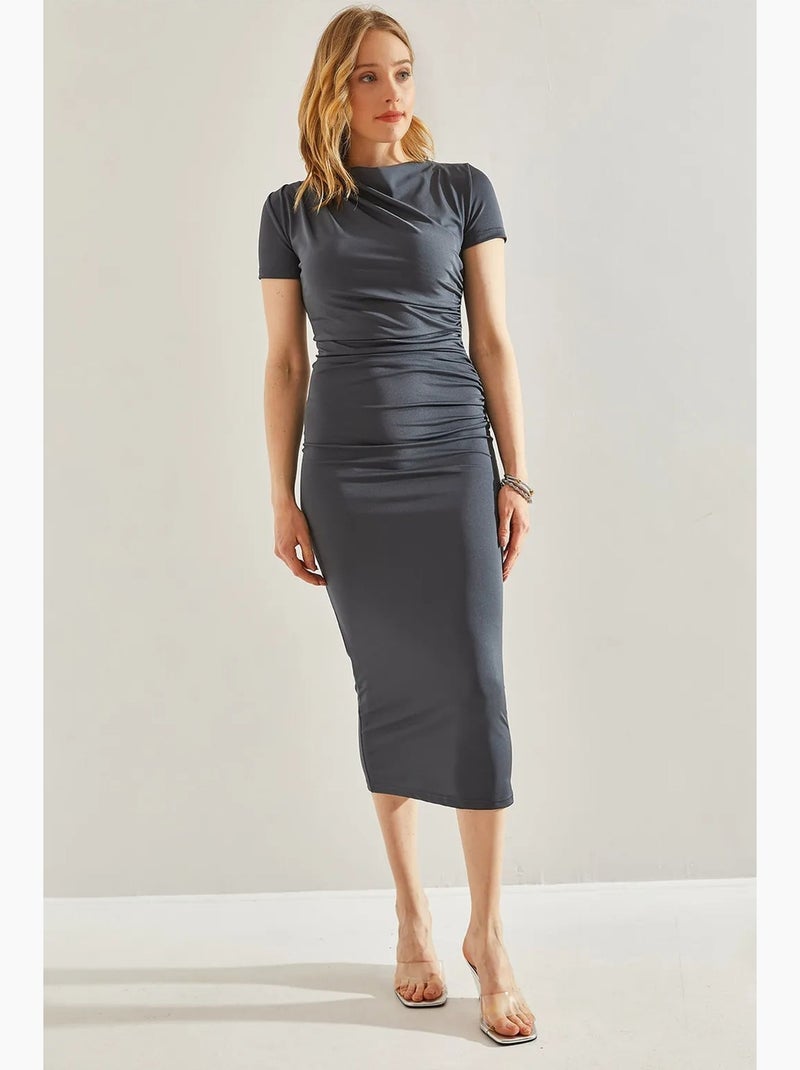 Vestido midi de microfibra con drapeado lateral lucci Gris negro - Kiabi