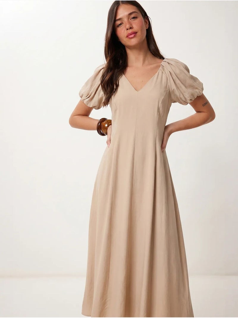 Vestido midi de mujer de línea a con escote en v istanbul Beige arcilla - Kiabi