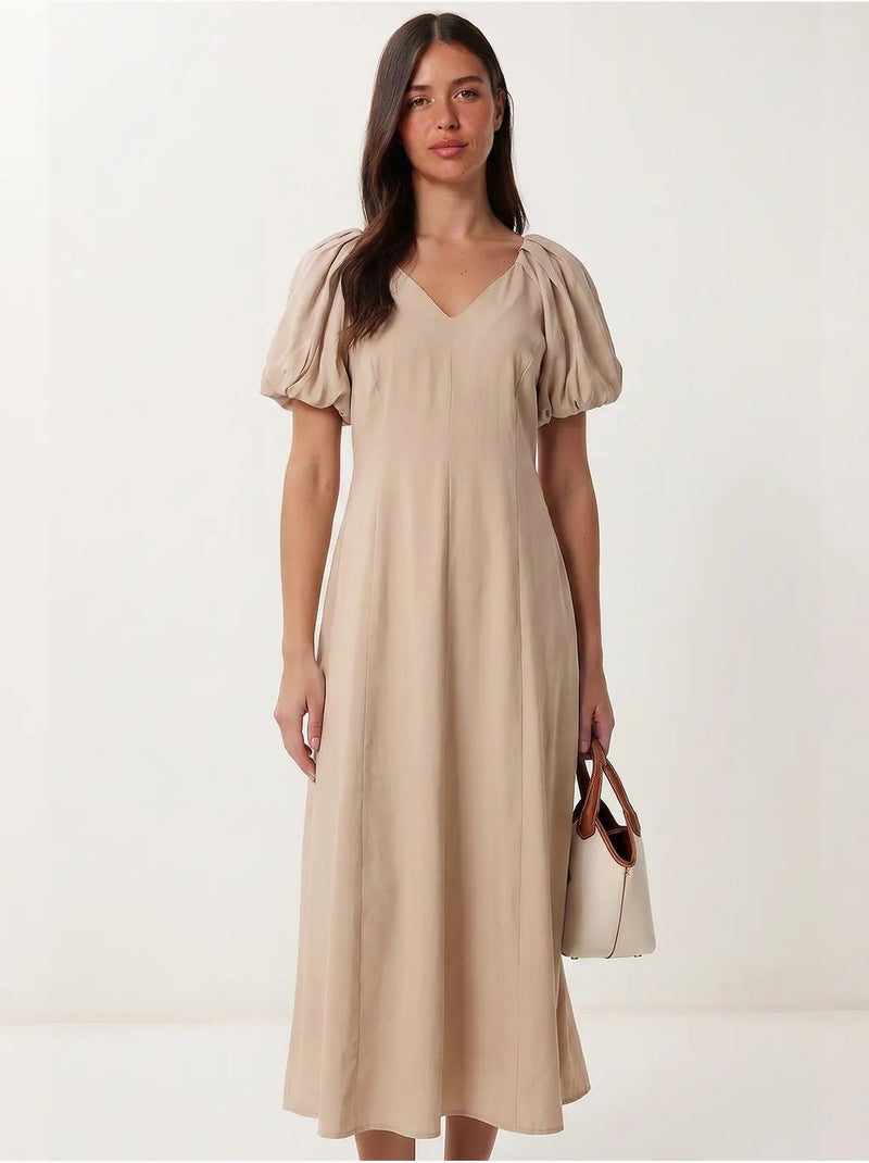 Vestido midi de mujer de línea a con escote en v istanbul Beige arcilla - Kiabi