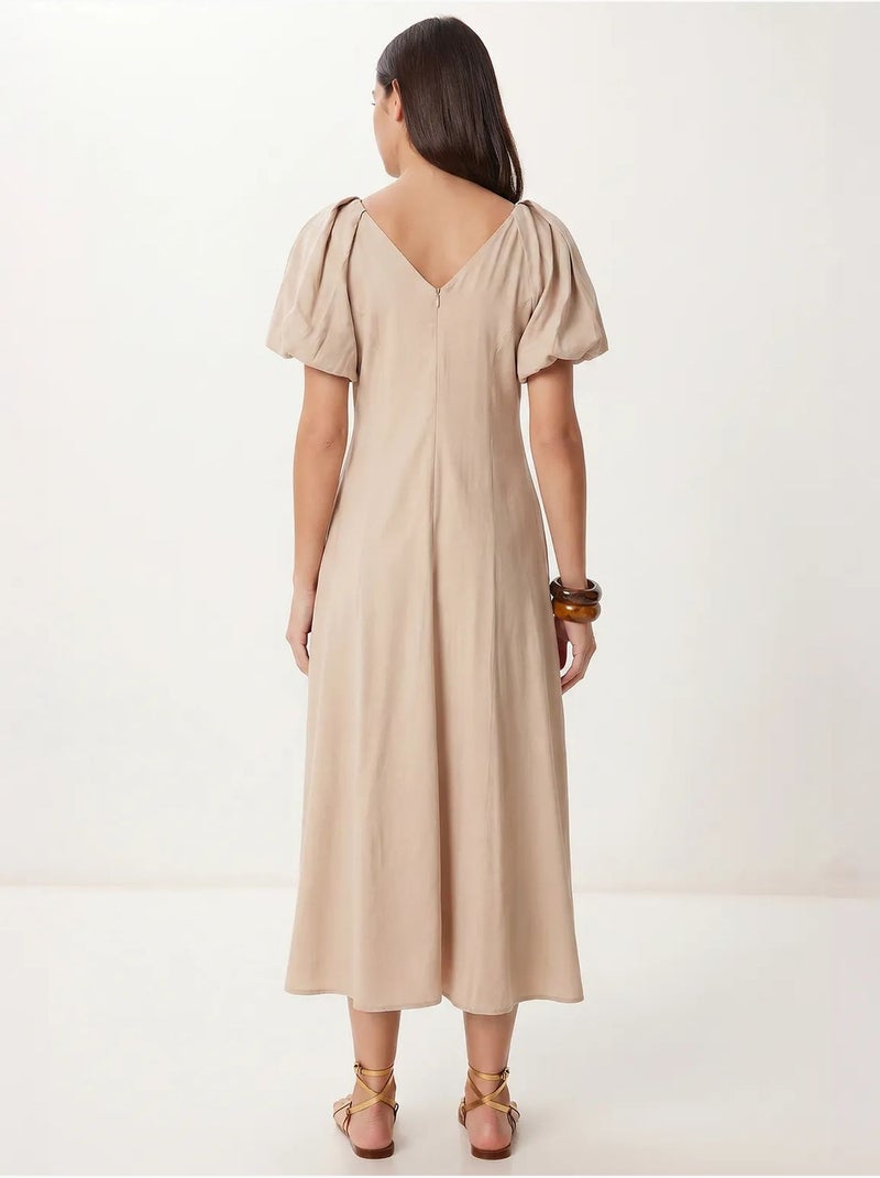 Vestido midi de mujer de línea a con escote en v istanbul Beige arcilla - Kiabi