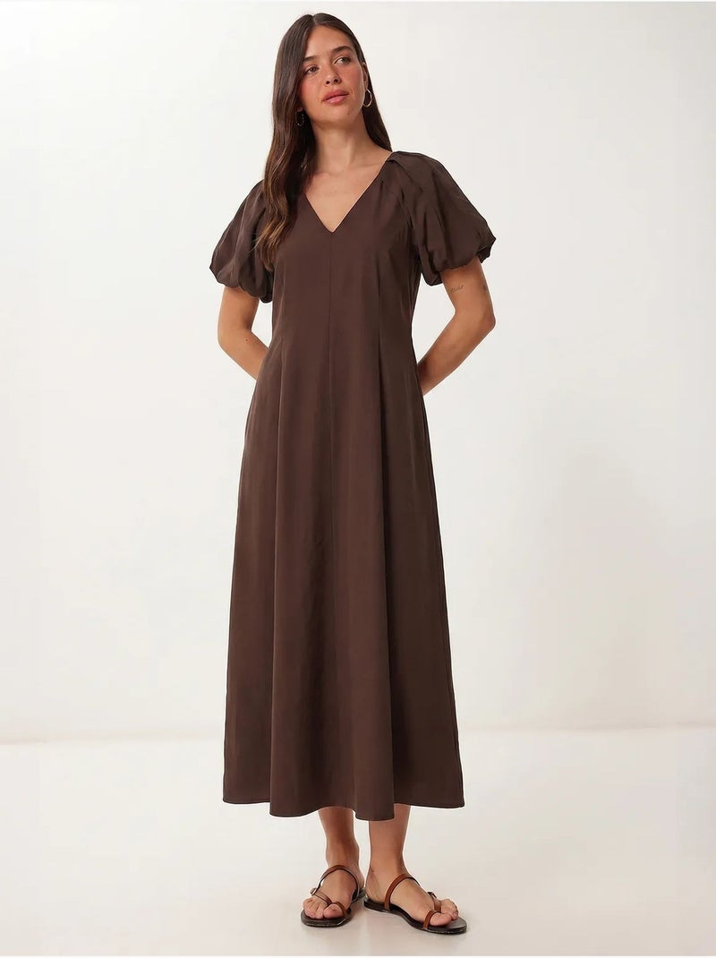 Vestido midi de mujer de línea a con escote en v istanbul Marrón - Kiabi