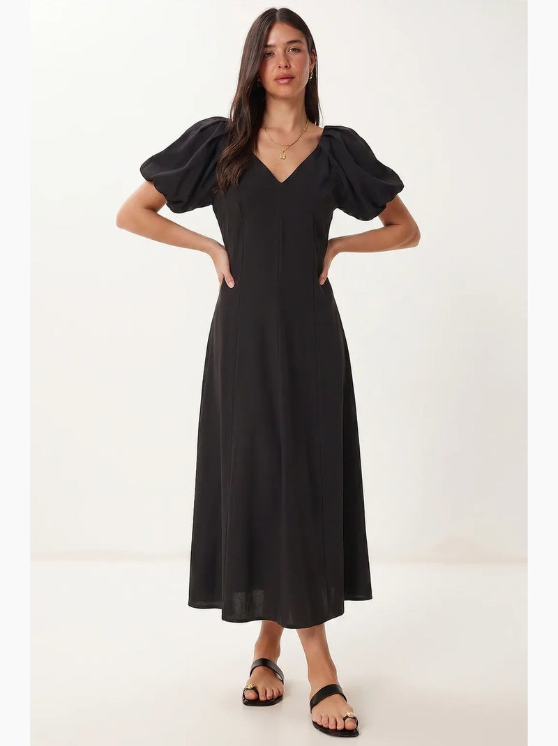 Vestido midi de mujer de línea a con escote en v istanbul Negro - Kiabi