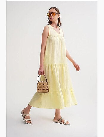Vestido midi de muselina con cuello en v, sin mangas y bolsillos de mixray