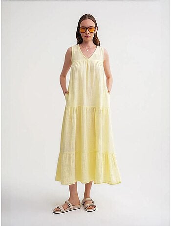 Vestido midi de muselina con cuello en v, sin mangas y bolsillos de mixray
