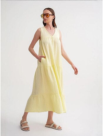 Vestido midi de muselina con cuello en v, sin mangas y bolsillos de mixray