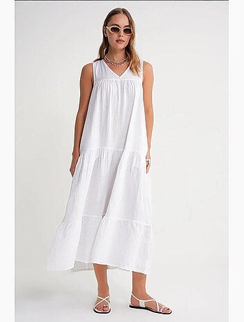 Vestido midi de muselina con cuello en v, sin mangas y bolsillos de mixray