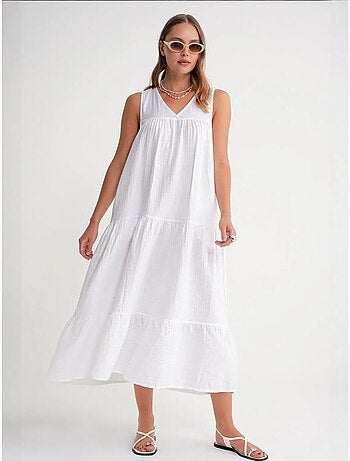 Vestido midi de muselina con cuello en v, sin mangas y bolsillos de mixray
