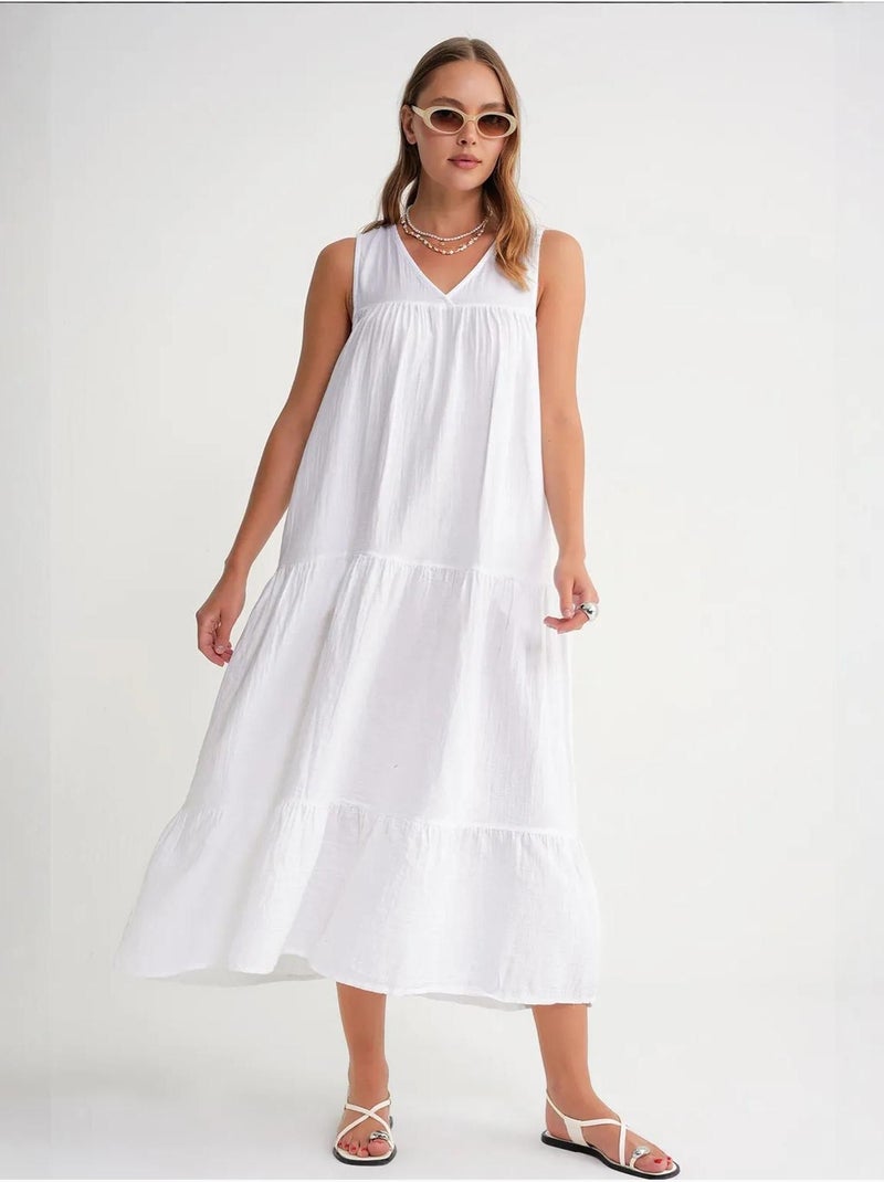 Vestido midi de muselina con cuello en v, sin mangas y bolsillos de mixray Blanco - Kiabi