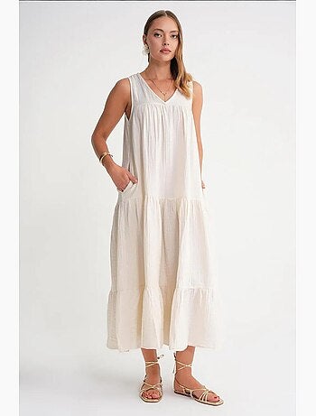 Vestido midi de muselina con cuello en v, sin mangas y bolsillos de mixray
