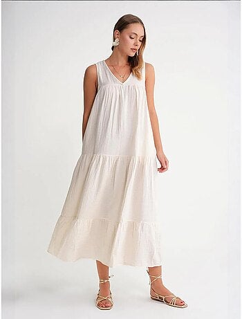 Vestido midi de muselina con cuello en v, sin mangas y bolsillos de mixray