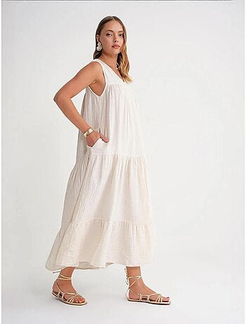 Vestido midi de muselina con cuello en v, sin mangas y bolsillos de mixray