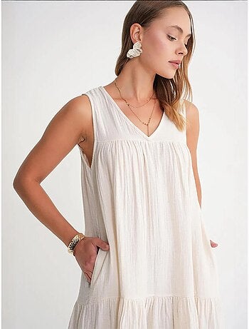 Vestido midi de muselina con cuello en v, sin mangas y bolsillos de mixray