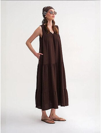 Vestido midi de muselina con cuello en v, sin mangas y bolsillos de mixray