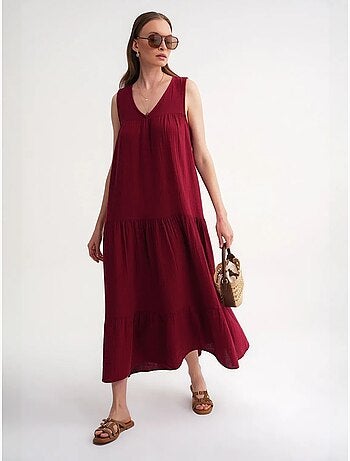 Vestido midi de muselina con cuello en v, sin mangas y bolsillos de mixray