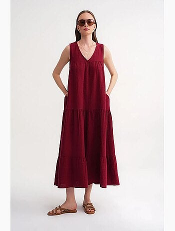 Vestido midi de muselina con cuello en v, sin mangas y bolsillos de mixray
