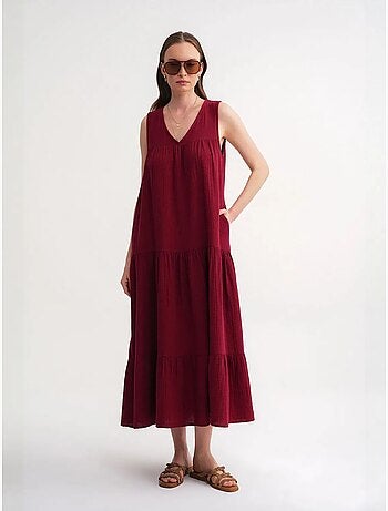 Vestido midi de muselina con cuello en v, sin mangas y bolsillos de mixray