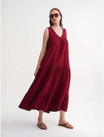 Vestido midi de muselina con cuello en v, sin mangas y bolsillos de mixray