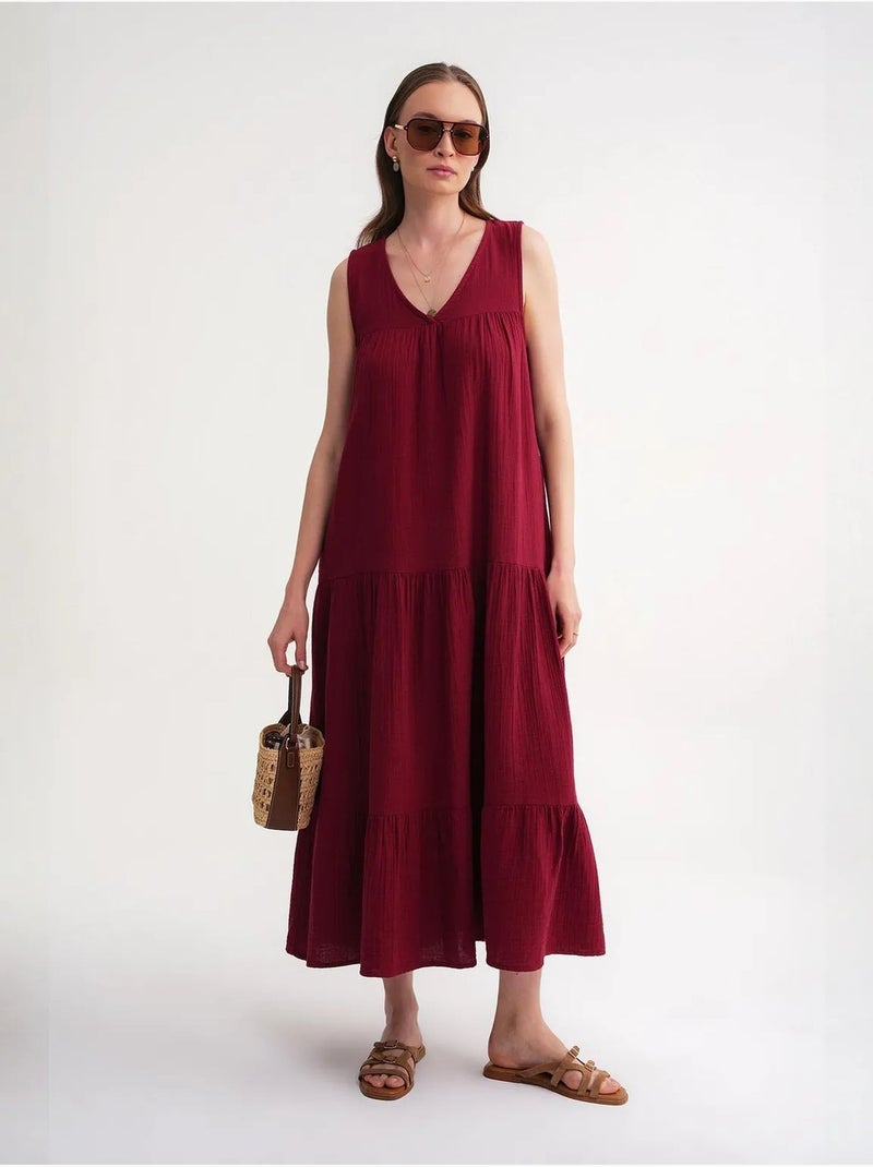 Vestido midi de muselina con cuello en v, sin mangas y bolsillos de mixray Rojo burdeos - Kiabi