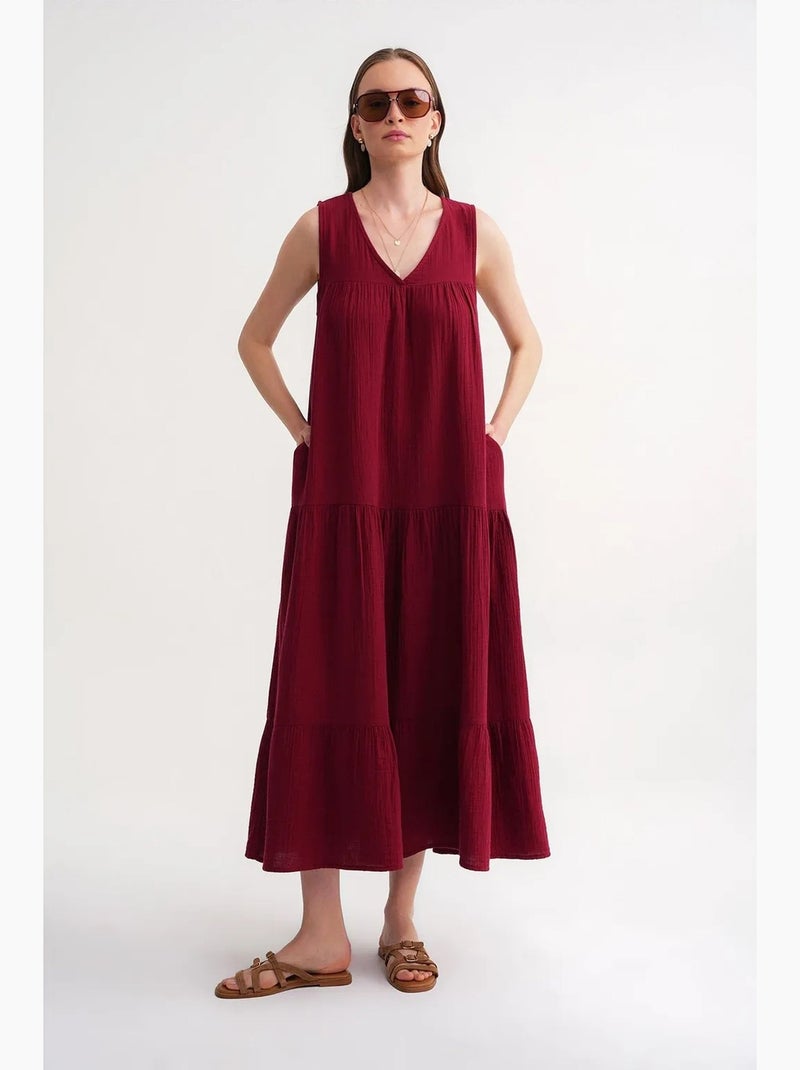 Vestido midi de muselina con cuello en v, sin mangas y bolsillos de mixray Rojo burdeos - Kiabi