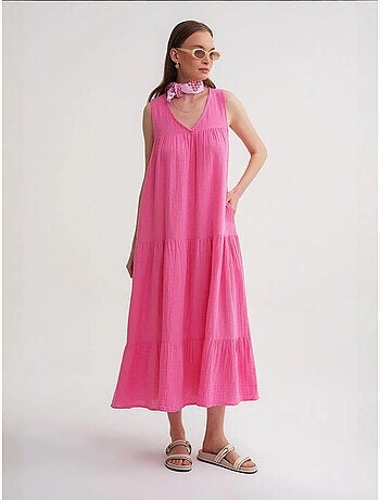 Vestido midi de muselina con cuello en v, sin mangas y bolsillos de mixray