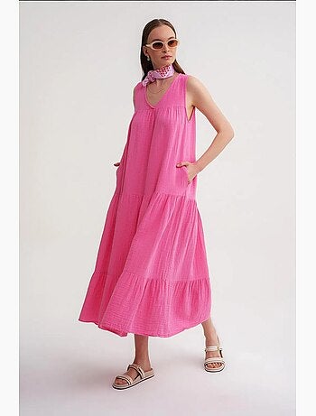 Vestido midi de muselina con cuello en v, sin mangas y bolsillos de mixray