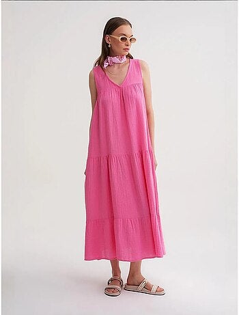 Vestido midi de muselina con cuello en v, sin mangas y bolsillos de mixray