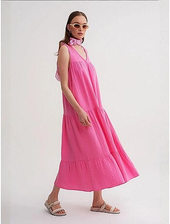 Vestido midi de muselina con cuello en v, sin mangas y bolsillos de mixray