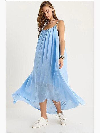 Vestido midi de muselina lisa con tirantes finos y bajo transparente lucci