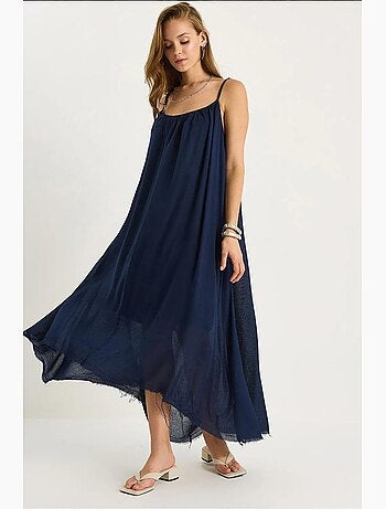 Vestido midi de muselina lisa con tirantes finos y bajo transparente lucci