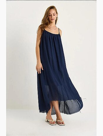 Vestido midi de muselina lisa con tirantes finos y bajo transparente lucci