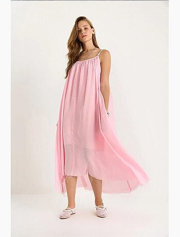 Vestido midi de muselina lisa con tirantes finos y bajo transparente lucci
