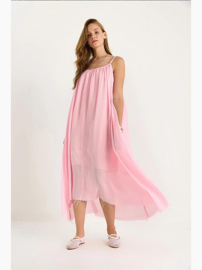 Vestido midi de muselina lisa con tirantes finos y bajo transparente lucci Rosa pálido - Kiabi