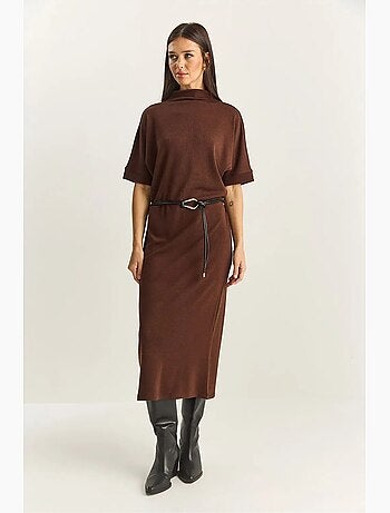 Vestido midi de punto acanalado con cuello alto y media caña lucci