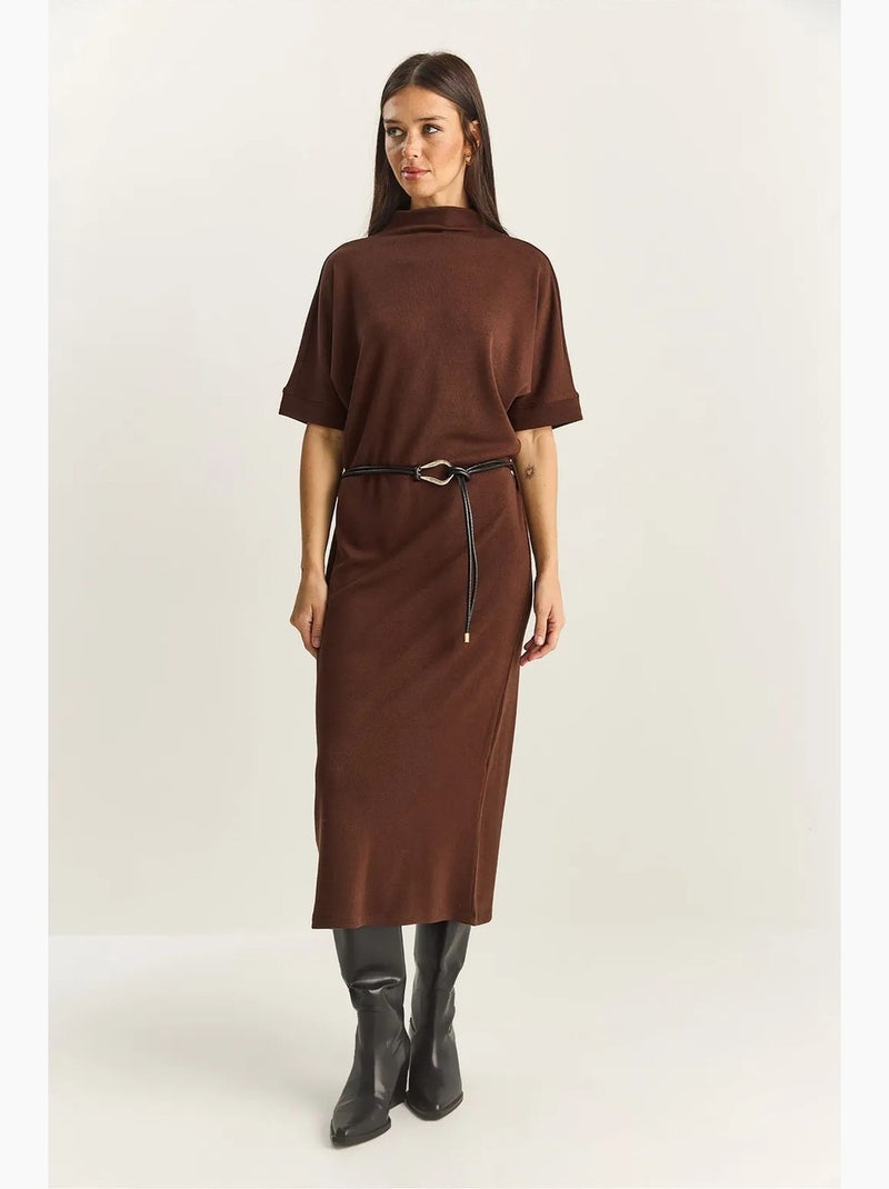 Vestido midi de punto acanalado con cuello alto y media caña lucci Marrón chocolate - Kiabi