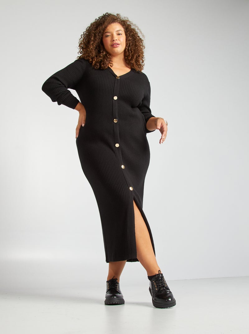 Vestido midi de punto de canalé negro - Kiabi